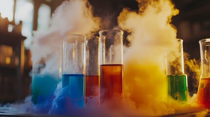 Various colorful liquids in different stages of reaction in a busy scientific laboratory.

