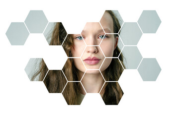 Creative art representation of a woman's face split into hexagonal sections in a minimalist style