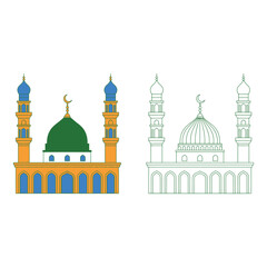 Vector art of Illustration of a mosque with dome and minarets isolated on white background with outline version