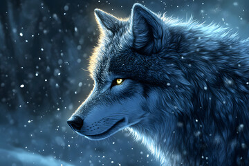 A majestic wolf with fur like midnight, standing in the snow, its eyes gleaming