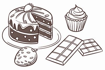 Delicious cakes cupcakes chocolate and cookies illustration
