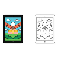 Vector art of Illustration of a tablet displaying a person playing drums in a landscape scene