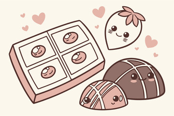 Cute cartoon chocolates and strawberry illustration
