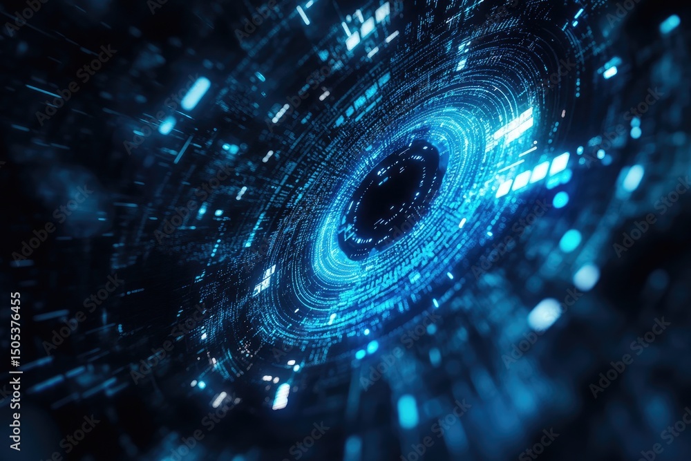 Poster abstract digital design with glowing blue lines and patterns.