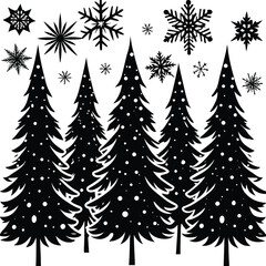 Fototapeta premium Pine Tree Row With Snowflakes Above Silhouette