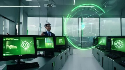 Engineers in hard hats monitor green data on computer screens in a modern control room with city views - Powered by Adobe