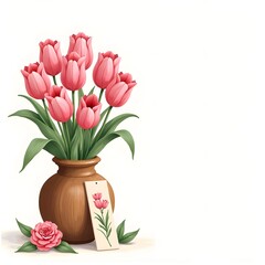 Summer Serenity: Fragrant Pink Tulips in Wooden Urn Vase with Pressed Flower Bookmark Greeting Card