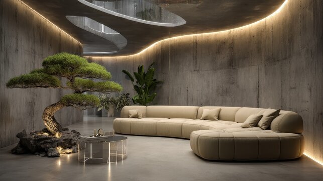 Modern concrete interior design with a bonsai tree and a beige sectional sofa.