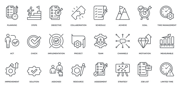 Action Plan icon  set. Containing planning, objective, implementation, team, improvement, strategy. Outline style