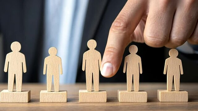 Finger selecting a wooden figure from a lineup, symbolizing recruitment or selection