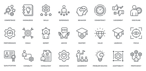 Competence icon set. Containing knowledge, skills, experience, performance, goals, expert, leadership. Outline style