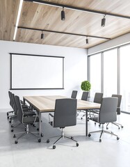 A modern conference room featuring sleek, ergonomic chairs arranged around a large, polished table, with an empty whiteboard ready for brainstorming sessions.