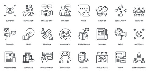 Public Relation icon set. Containing outreach, reputation, strategy, trust, relation, community, communication. Outline style