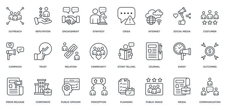 Public Relation icon set. Containing outreach, reputation, strategy, trust, relation, community, communication. Outline style
