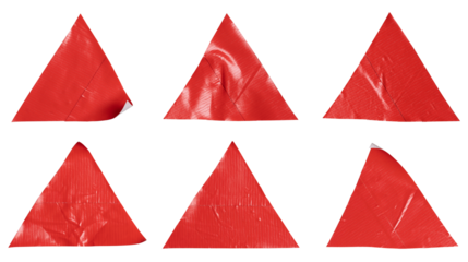 Set of red triangular shaped tickers, each sticker made from textured plastic film with a crumpled texture, isolated on white background, png