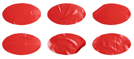 Set of red ellipse shaped tickers, each sticker made from textured plastic film with a crumpled texture, isolated on white background, png