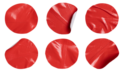 Set of red circular stickers, each sticker made from textured plastic film with a crumpled texture, isolated on white background
