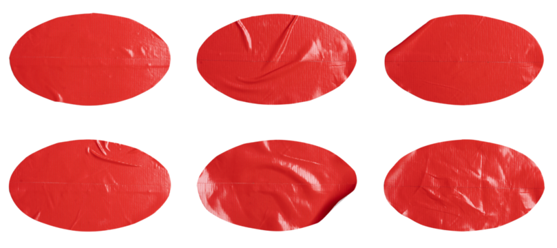 Set of red ellipse shaped tickers, each sticker made from textured plastic film with a crumpled texture, isolated on white background, png