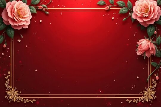 Velvet crimson red invitation background with gold and blush flower corners. 