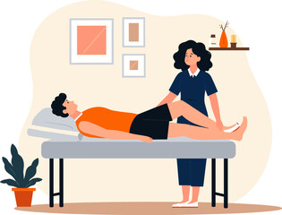 Fototapeta premium A physiotherapist performs a rehabilitation leg exercise on a male patient in a modern treatment room