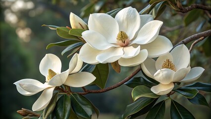 Close-up of beautiful white magnolia flowers in full bloom with lush green leaves.