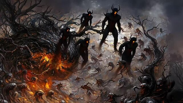 Horde of shadowy demons emerges from fiery abyss, surrounded by twisted, barren landscape