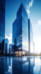 A modern glass building reflects sunlight, creating a dazzling display of light and shadows, surrounded by lush greenery and a clear blue sky.