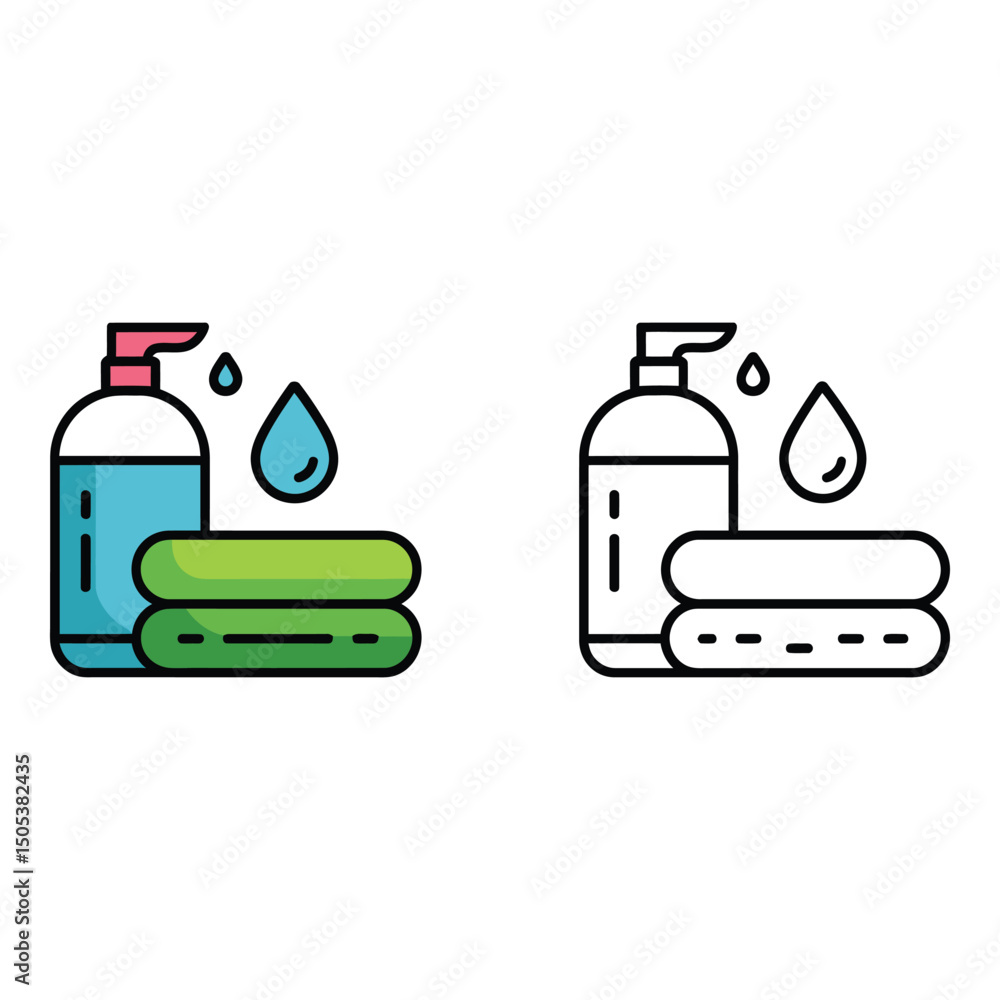 Poster vector art of soap dispenser and towels with water drops isolated on white background in vector form