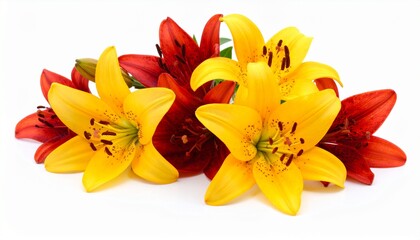 Obraz premium photo of a bouquet of lilies yellow and red on a white background