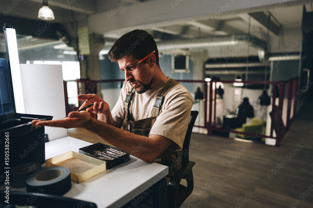 Poster skilled worker preparing to use tools in a modern workspace during daytime