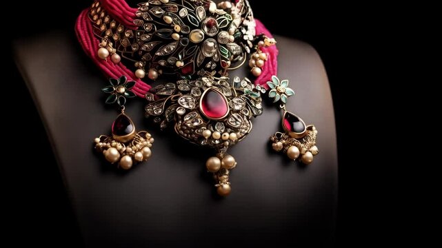 Close-up of intricate vintage necklace and earrings featuring ruby drops and pearl accents on dark background
