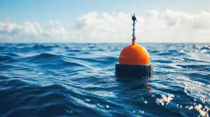 Buoy floats on calm ocean waters under a clear blue sky with scattered clouds