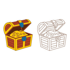 Vector art of Treasure chest with gold coins isolated on white background in color and black and white