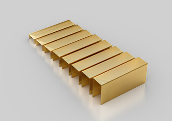 A Series Of Golden Metal Staple Pins Arranged In Parallel Rows On White Background 3D Illustration