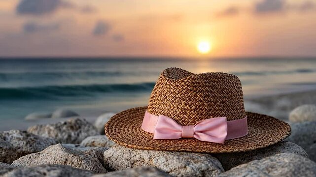 Sunset Serenity: Straw Hat on Beach Rocks