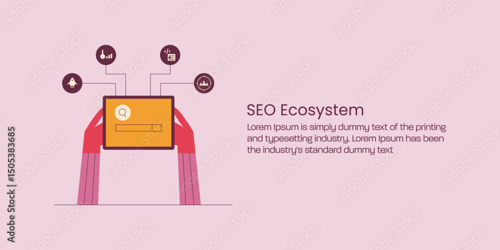 Poster tablet screen with search bar on screen connected with seo optimization and marketing metrics icons 