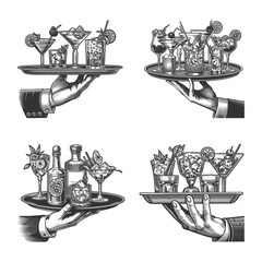 hands holding trays with mixed cocktails, garnished drinks, and bottles in classic bar style Set collection bundle sketch engraving generative ai raster illustration. Scratch board. Black and white.
