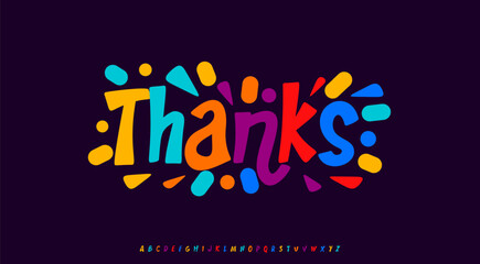 Thanks for subscribers, festive cartoon text with colorful confetti splash. Joyful playful typography for greeting card, headline, kids party or celebration. Vector illustration.
