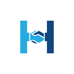The image shows a flat logo design of a handshake letter H in blues that looks clean and sharp on a white background