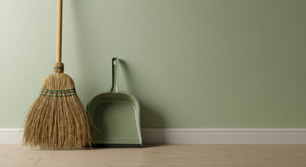 Cleaning tools against sage green wall