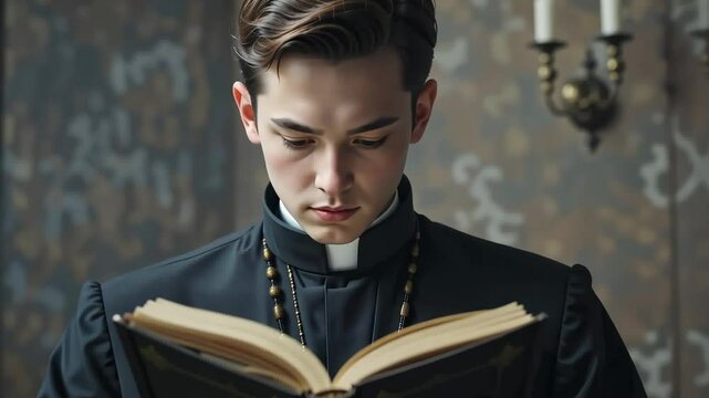 Young priest reading book with focused expression in dim interior, soft light falling on face and rosary. Concept of faith and contemplation
