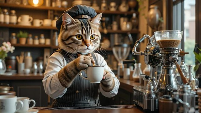 Anthropomorphic cat barista with apron making coffee in cozy cafe with warm lighting and wooden decor. Concept of whimsical fantasy and comfort