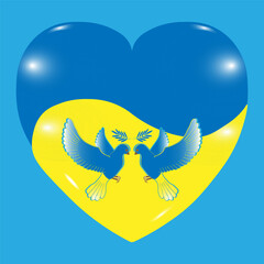 National symbols of Ukraine. Doves of peace on the background of a yellow-blue heart. Vector illustration