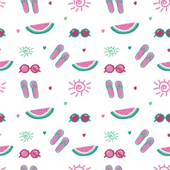 Playful summer vector design with watermelon slices, sun doodles, flip-flops and shades — transparent seamless pattern for creative seasonal use.