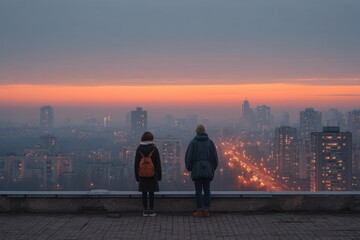 Couple watching cityscape at sunset on white background