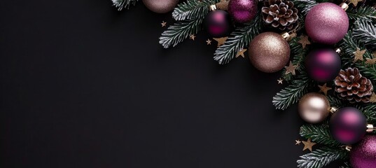 Christmas Banner With Gold, Purple, And Pink Ornaments On A Black Background With Copy Space