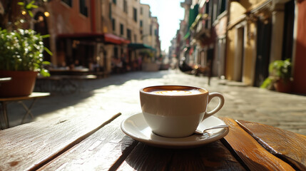 Fototapeta premium A cup of coffee on a wooden table at a street café in Venice, with a view down a sunlit narrow alley, evoking warmth and morning serenity