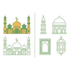 Vector art of Colorful and outline mosque buildings and islamic elements isolated on white background