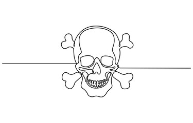 Human scull. One line continuous Halloween skull isolated on white background. Line art vector illustration.