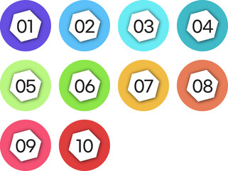 Set of Colorful Hexagon in Circle Numbers from 01 to 10